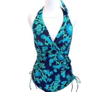 Lands End Deep Sea Floral Halter Tankini Swim Top  Ruched Side Tie Size 8‎